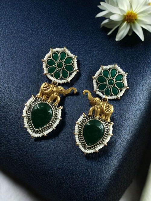 Two-tone elephant dangler earrings with Monalisa stone and pearl work