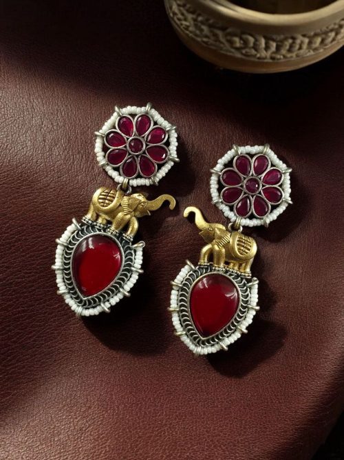 Two-tone elephant earrings with Monalisa stone and pearl work