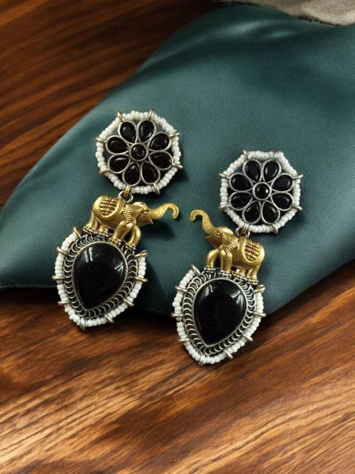 Two-tone elephant dangler earrings with Monalisa stone and pearl work