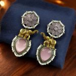 Bulk 18 Western Look Two-Tone Elephant Earrings | Monalisa Stone & Beautiful Pearl Work Dangler Jewelry - "Baby Pink"