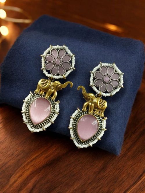 Two-tone elephant dangler earrings with Monalisa stone and pearl work