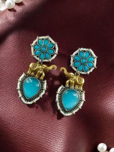 Western Look Two-Tone Elephant Earrings | Monalisa Stone & Beautiful Pearl Work Dangler Jewelry - color: "Aqua"