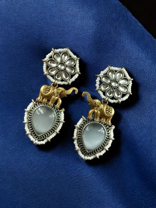 Two-tone elephant dangler earrings with Monalisa stone and pearl work