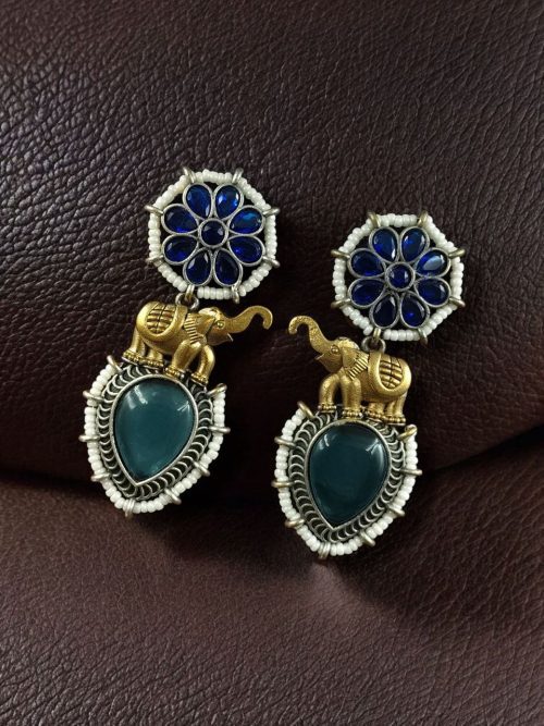 Two-tone elephant dangler earrings with Monalisa stone and pearl work