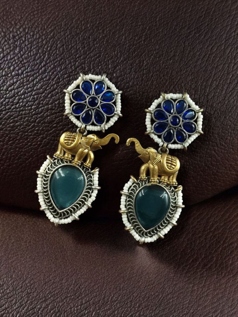 Bulk 670 Western Look Two-Tone Elephant Earrings | Monalisa Stone & Beautiful Pearl Work Dangler Jewelry - "Blue"