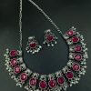 Silver plated elephant necklace with stone and pearl work in oxidized finish