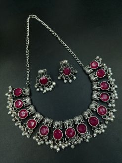 Silver plated elephant necklace with stone and pearl work in oxidized finish