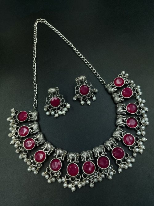 Silver plated elephant necklace with stone and pearl work in oxidized finish
