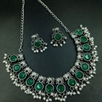 Silver Plated Unique Elephant Necklace | Stone & Pearl Work Oxidized Jewelry - "Green"