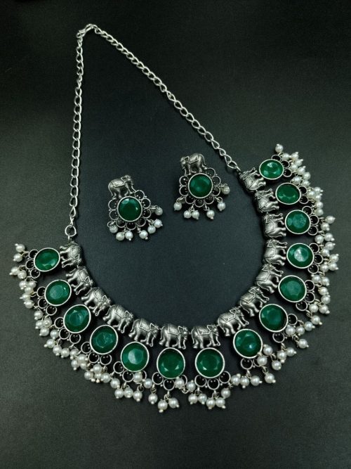 Silver plated elephant necklace with stone and pearl work in oxidized finish