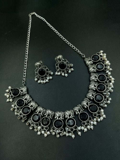 Silver plated elephant necklace with stone and pearl work in oxidized finish