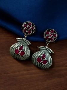 Oxidized Silver Plated Dangler Earrings | Unique Design Western Look Jewelry For Girls - color: "Red"