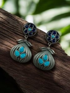 Oxidized Silver Plated Dangler Earrings | Unique Design Western Look Jewelry For Girls - color: "Aqua-Blue"