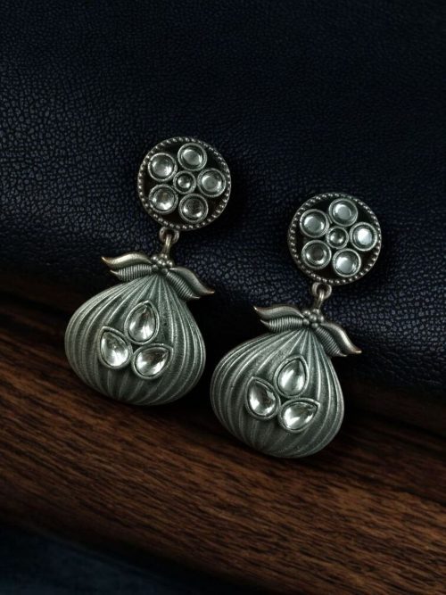 Oxidized silver plated dangler earrings with unique design and stone accents