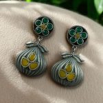 Oxidized Silver Plated Dangler Earrings | Unique Design Western Look Jewelry For Girls - "Green-Yellow"