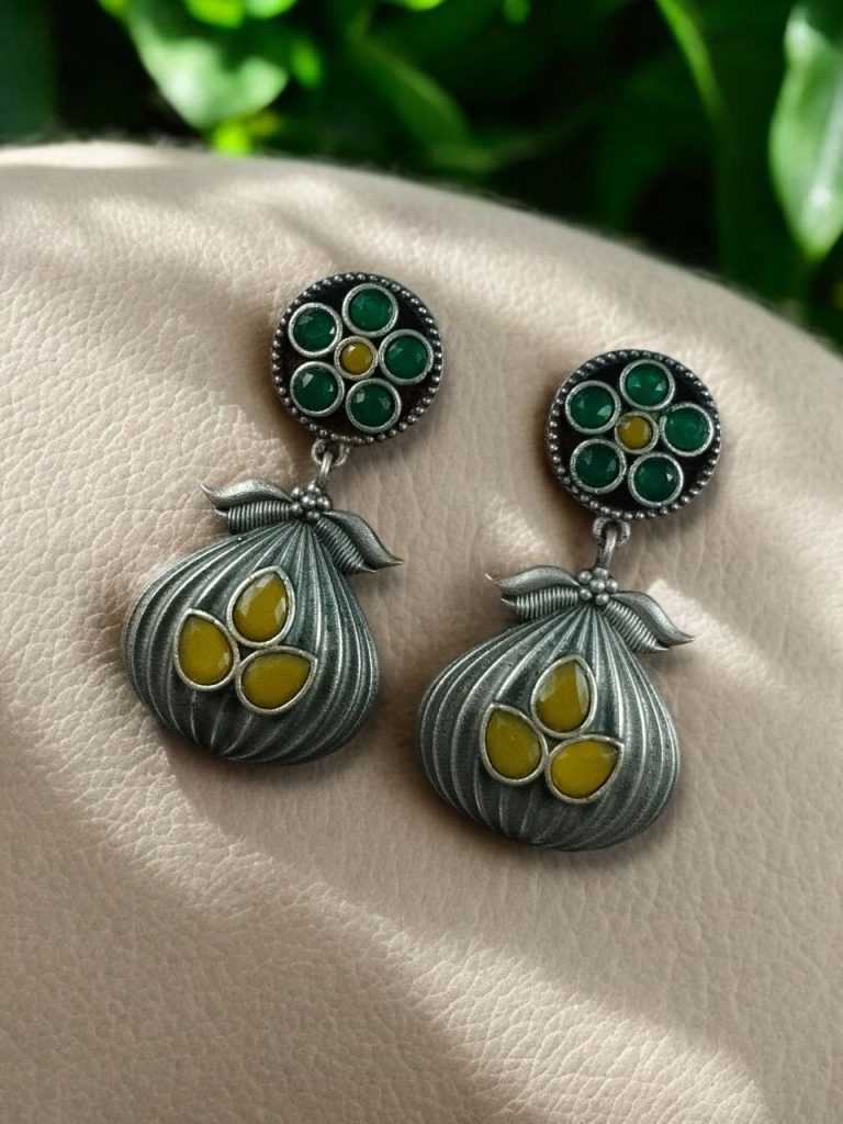 Bulk 646 Oxidized Silver Plated Dangler Earrings | Unique Design Western Look Jewelry For Girls - "Green-Yellow"