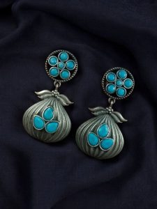 Oxidized Silver Plated Dangler Earrings | Unique Design Western Look Jewelry For Girls - color: "Aqua"