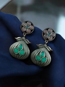 Oxidized Silver Plated Dangler Earrings | Unique Design Western Look Jewelry For Girls - color: "Baby Pink-Mint"