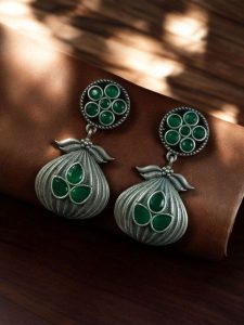 Oxidized Silver Plated Dangler Earrings | Unique Design Western Look Jewelry For Girls - color: "Green"