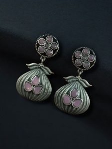 Oxidized Silver Plated Dangler Earrings | Unique Design Western Look Jewelry For Girls - color: "Baby Pink"