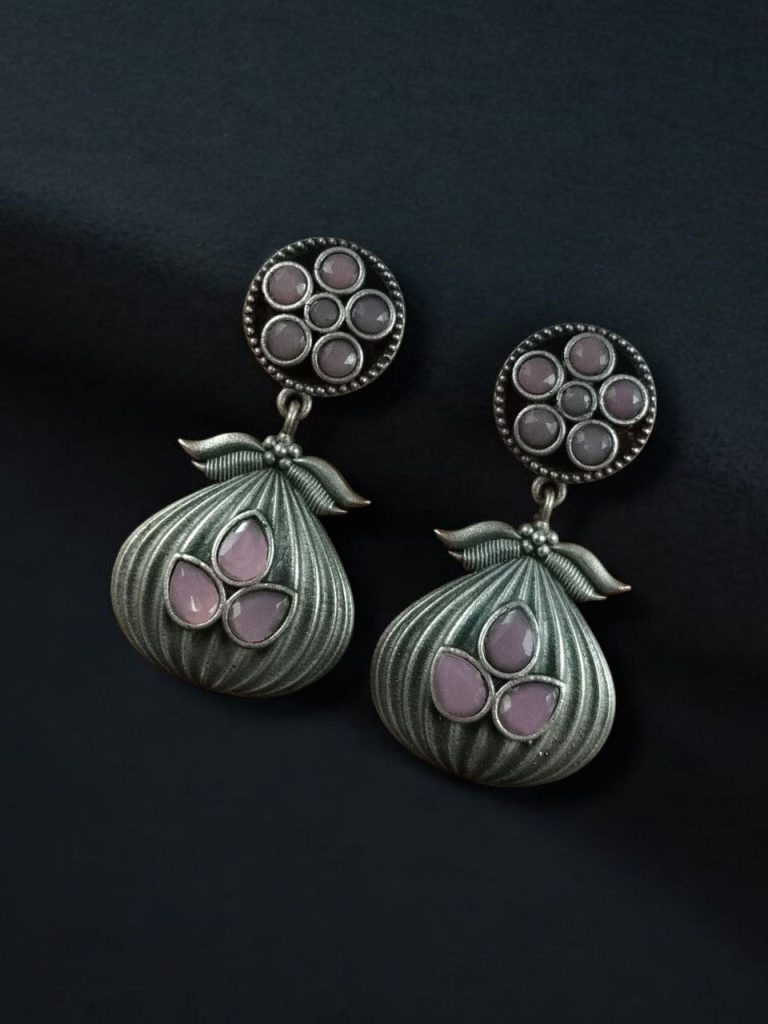 Bulk 658 Oxidized Silver Plated Dangler Earrings | Unique Design Western Look Jewelry For Girls - "Baby Pink"