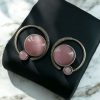 Oxidized round shape silver plated earrings with Monalisa stone