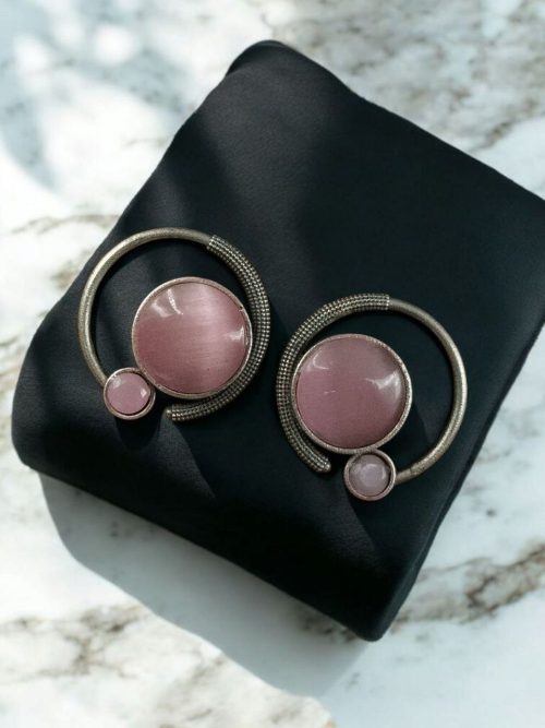 Oxidized round shape silver plated earrings with Monalisa stone