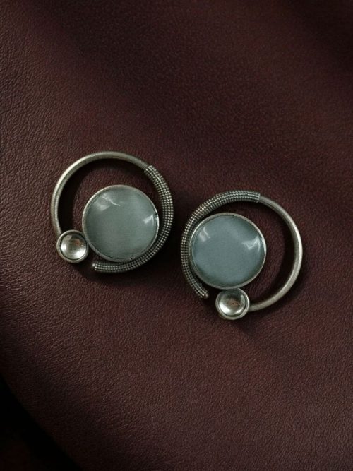 Oxidized round shape silver plated earrings with Monalisa stone