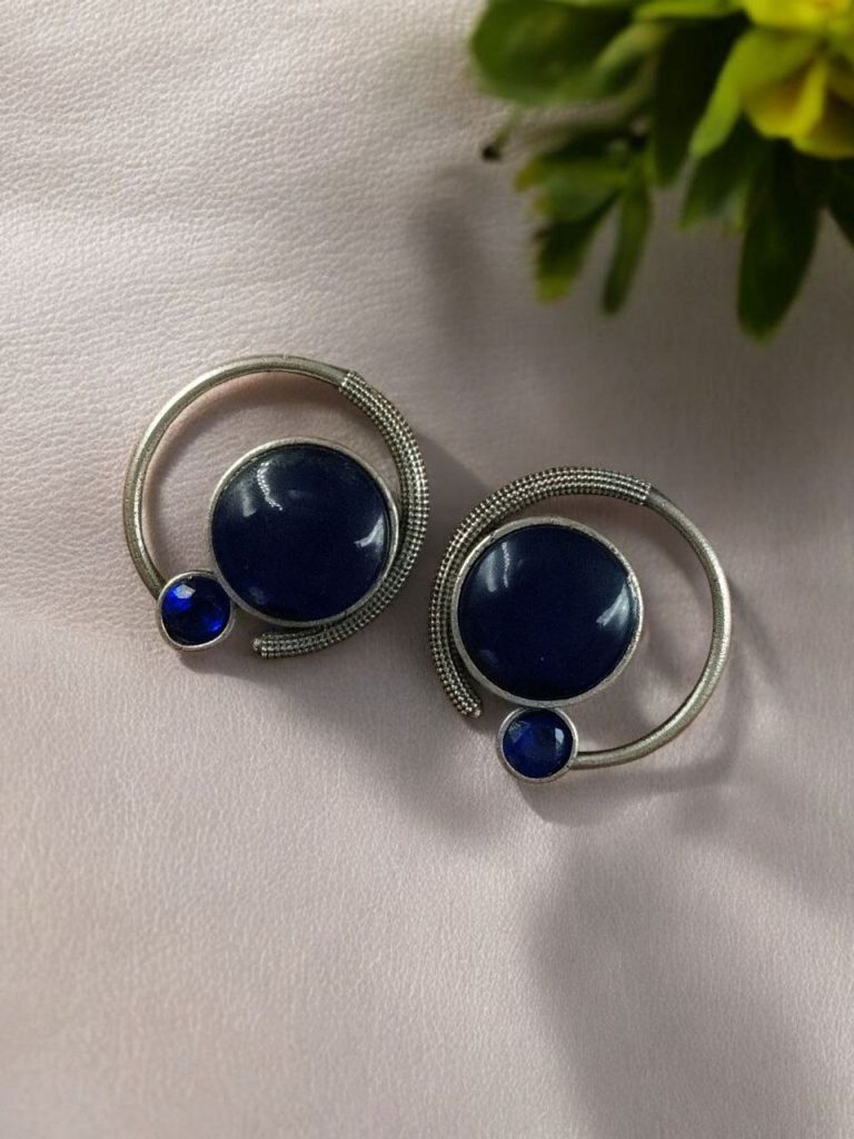 Bulk 622 Oxidized Round Shape Earrings | Silver Plated Monalisa Stone Jewelry Best Gift for Her - "Blue"