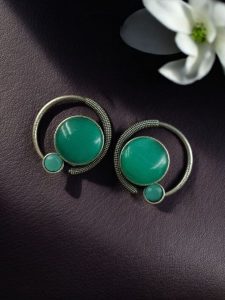 Oxidized Round Shape Earrings | Silver Plated Monalisa Stone Jewelry Best Gift for Her - color: "Mint"