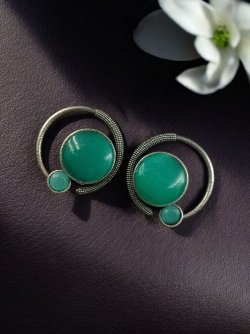 Oxidized round shape silver plated earrings with Monalisa stone