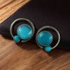 Oxidized round shape silver plated earrings with Monalisa stone