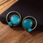 Oxidized Round Shape Earrings | Silver Plated Monalisa Stone Jewelry Best Gift for Her - "Aqua"