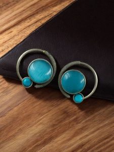 Oxidized Round Shape Earrings | Silver Plated Monalisa Stone Jewelry Best Gift for Her - color: "Aqua"