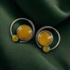 Oxidized round shape silver plated earrings with Monalisa stone