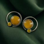 Oxidized Round Shape Earrings | Silver Plated Monalisa Stone Jewelry Best Gift for Her - "Yellow"