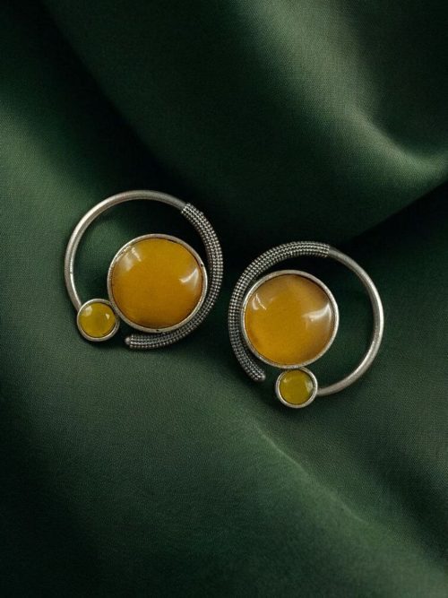 Oxidized round shape silver plated earrings with Monalisa stone
