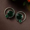 Oxidized round shape silver plated earrings with Monalisa stone