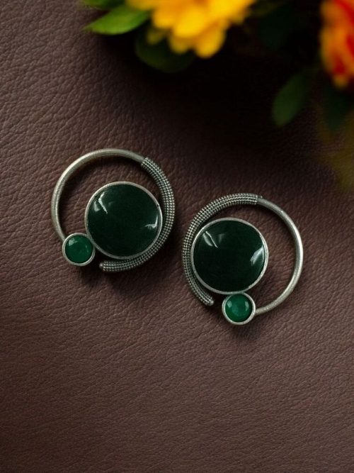 Oxidized round shape silver plated earrings with Monalisa stone