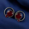 Oxidized round shape silver plated earrings with Monalisa stone