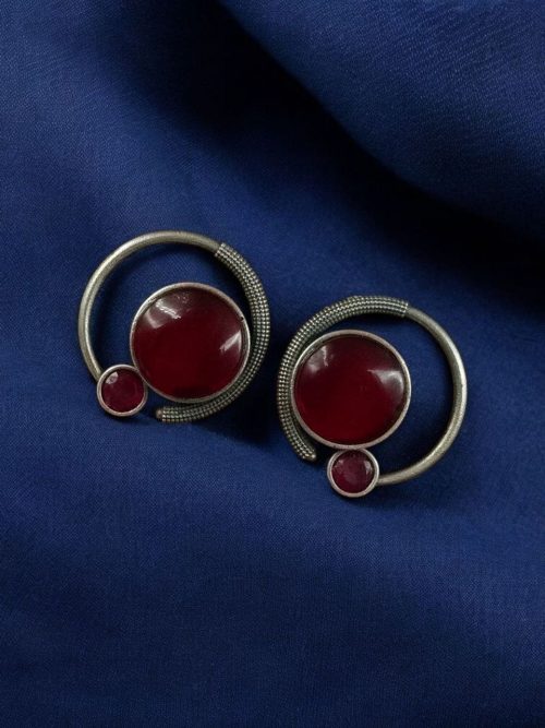 Oxidized round shape silver plated earrings with Monalisa stone