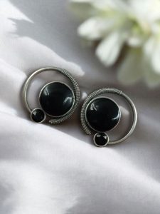 Oxidized Round Shape Earrings | Silver Plated Monalisa Stone Jewelry Best Gift for Her - color: "Black"