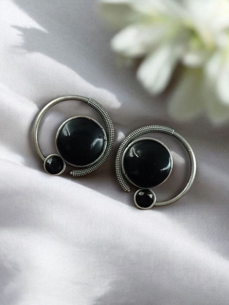Bulk 634 Oxidized Round Shape Earrings | Silver Plated Monalisa Stone Jewelry Best Gift for Her - "Black"