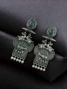 Traditional Oxidized Elephant Earrings | Best Silver Finish Dangler with Stone & Pearl Work - color: "Aqua"