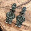 Traditional oxidized elephant earrings with silver finish, stone and pearl work