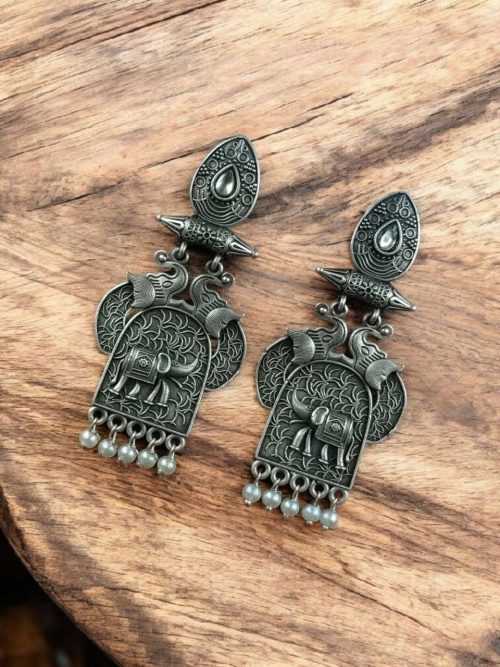 Traditional oxidized elephant earrings with silver finish, stone and pearl work