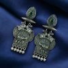 Traditional oxidized elephant earrings with silver finish, stone and pearl work