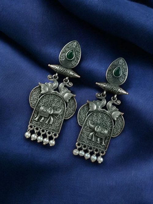 Traditional oxidized elephant earrings with silver finish, stone and pearl work