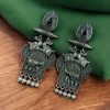 Traditional oxidized elephant earrings with silver finish, stone and pearl work