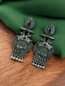 Traditional Oxidized Elephant Earrings | Best Silver Finish Dangler with Stone & Pearl Work - color: "Black"